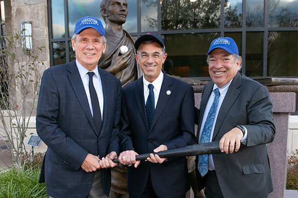 (LEFT TO RIGHT): Chairman and Principal Owner of the Worcester Red Sox Larry Lucchino, Assumption College President Francesco C. Cesareo, Ph.D., and Club President Dr. Charles Steinberg celebrate a new partnership that will provide opportunities for Assumption students and benefit the Worcester community.