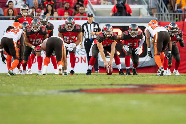 Zach Triner '15 (#97) in a game against the Cleveland Browns. Photo Courtesy Tampa Bay Buccaneers