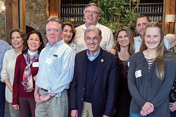 On January 27, alumni in Northern California joined President Francesco C. Cesareo, Ph.D., for a wine tasting at Pangloss Cellars in Sonoma, CA. 
BACK ROW (L–R): Vice President for Institutional Advancement Tim Stanton P’17, Eileen Friedmann Hirst ’74, Hoang Leclerc, Sheila Milroy, Kevin Milroy ’80, Lauren Kershner, Paul Liubicich ’02, and Advancement Officer Emily Murray ’00.  FRONT ROW (L–R): Marc Leclerc ’75, President Cesareo, and Elaine Ingalls ’17.