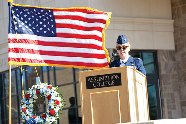 Retired Air Force Colonel Christina Stevens '85 delivers remarks at Assumption's Veterans Remembrance Ceremony.