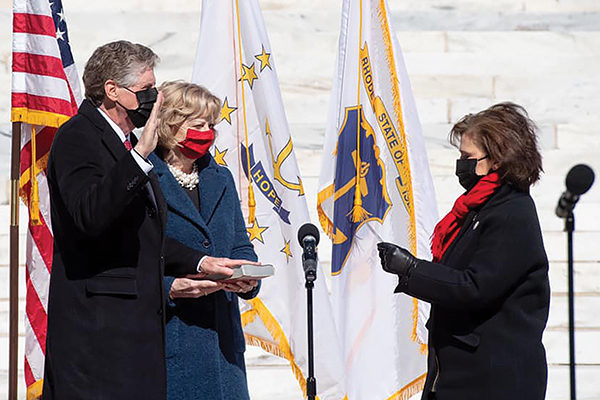 Rhode Island Governor Daniel J. McKee '73 is sworn into office. Photo courtesy of Office of Governor Daniel J. McKee.