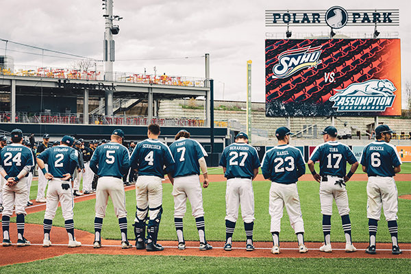 Assumption’s Baseball team played the first official game at Polar Park, the new home of the Worcester Red Sox, on May 8.